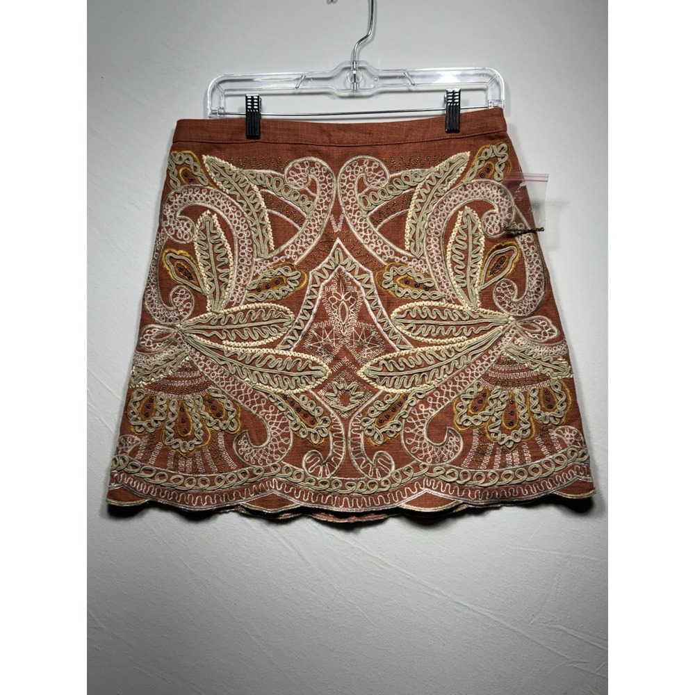 Anthropologie Maeve Clotilde Skirt Orange Embroidered Boho Mini Size 10 Rare